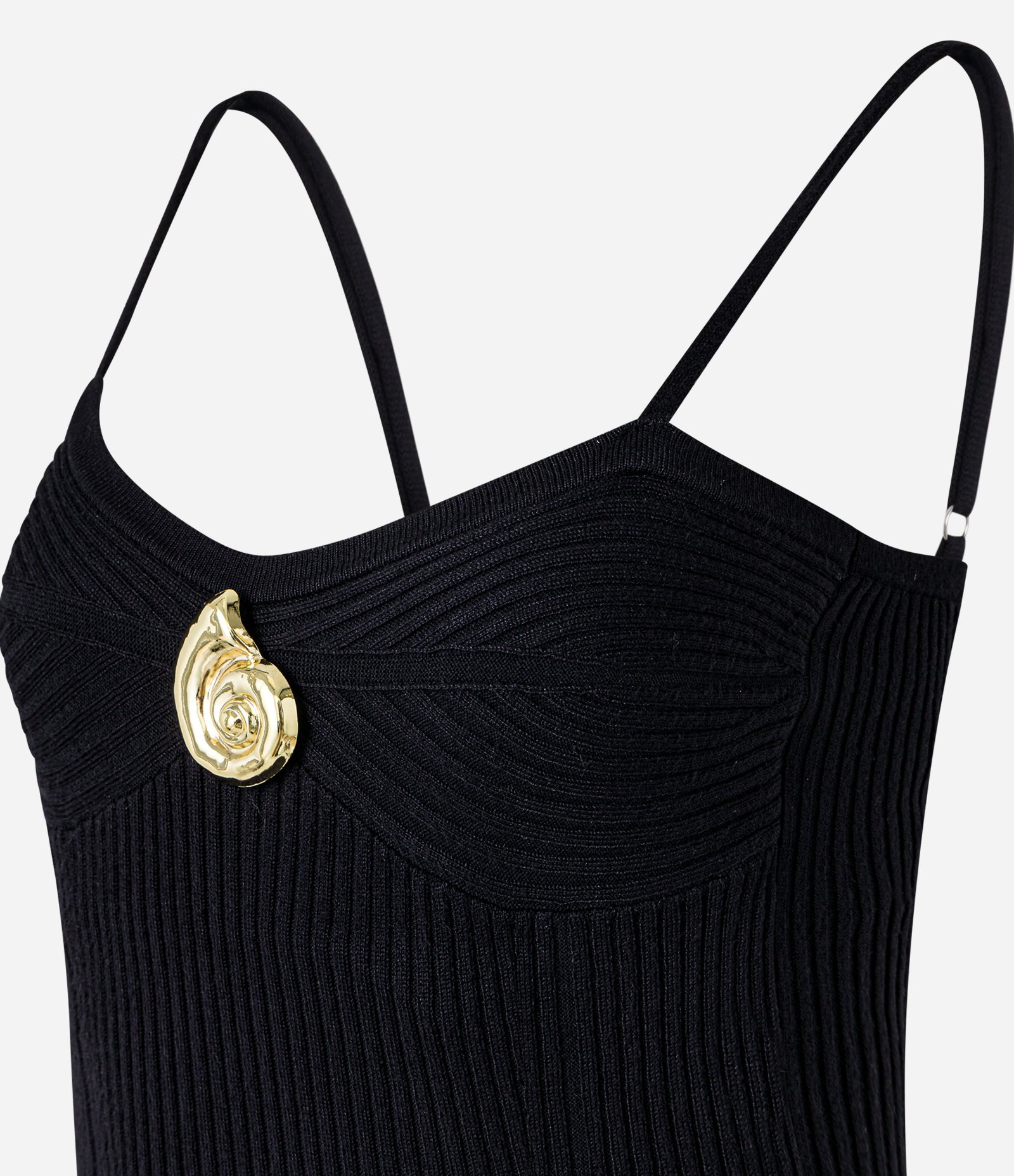 Vestido Long Midi em Tricô Caracol de Metal no Decote Preto 7