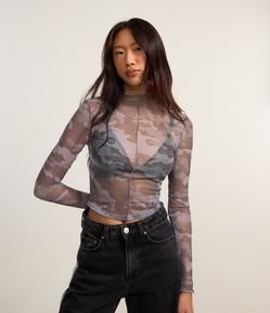 Blusa em Tule Camuflado com Golinha Alta