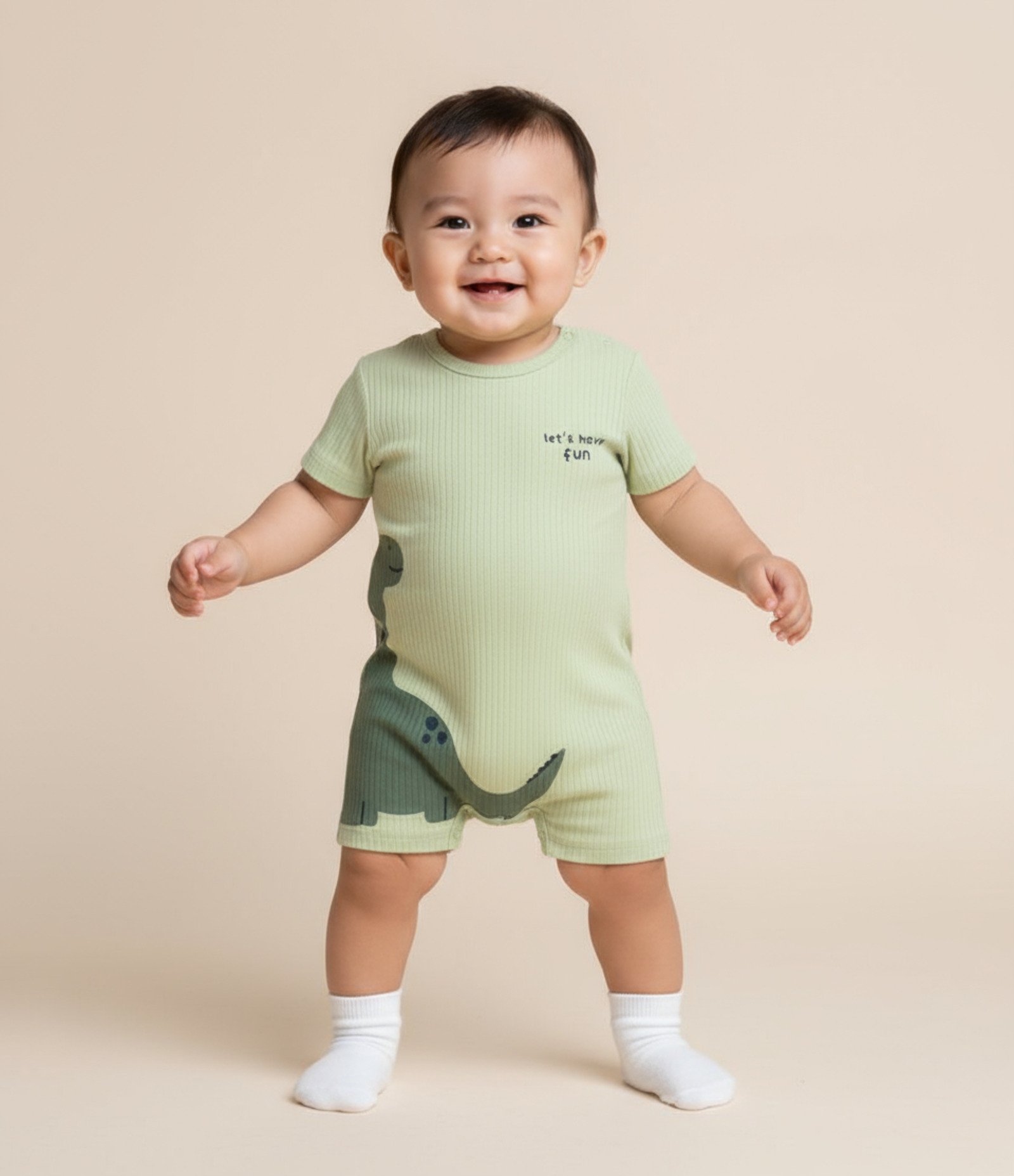 Macacão Infantil Canelado com Estampa de Dinossauro - Tam  0 a 18 Meses Verde 1