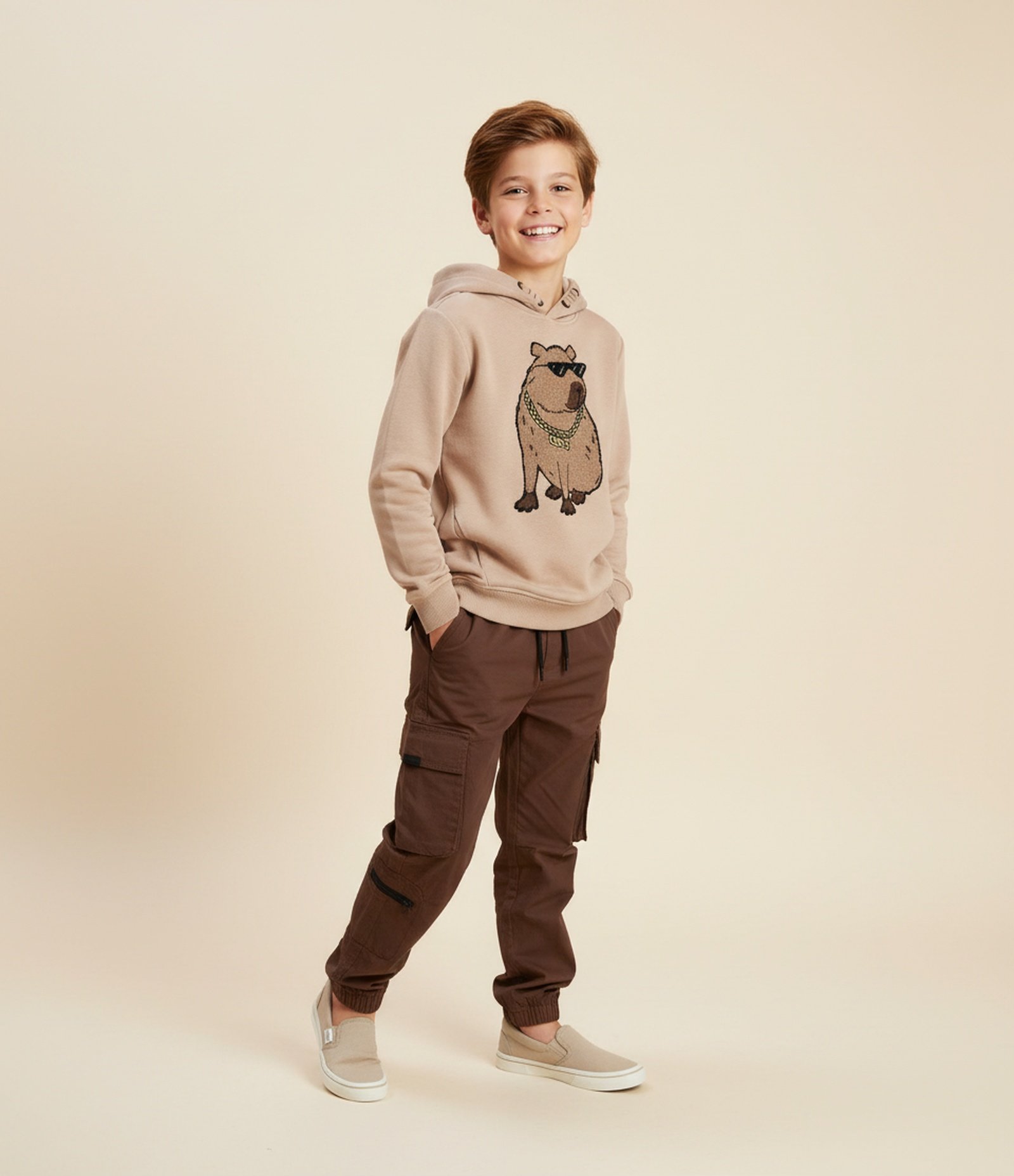 Calça Infantil com Bolsos Cargos - Tam 5 a 14 Anos Marrom 1