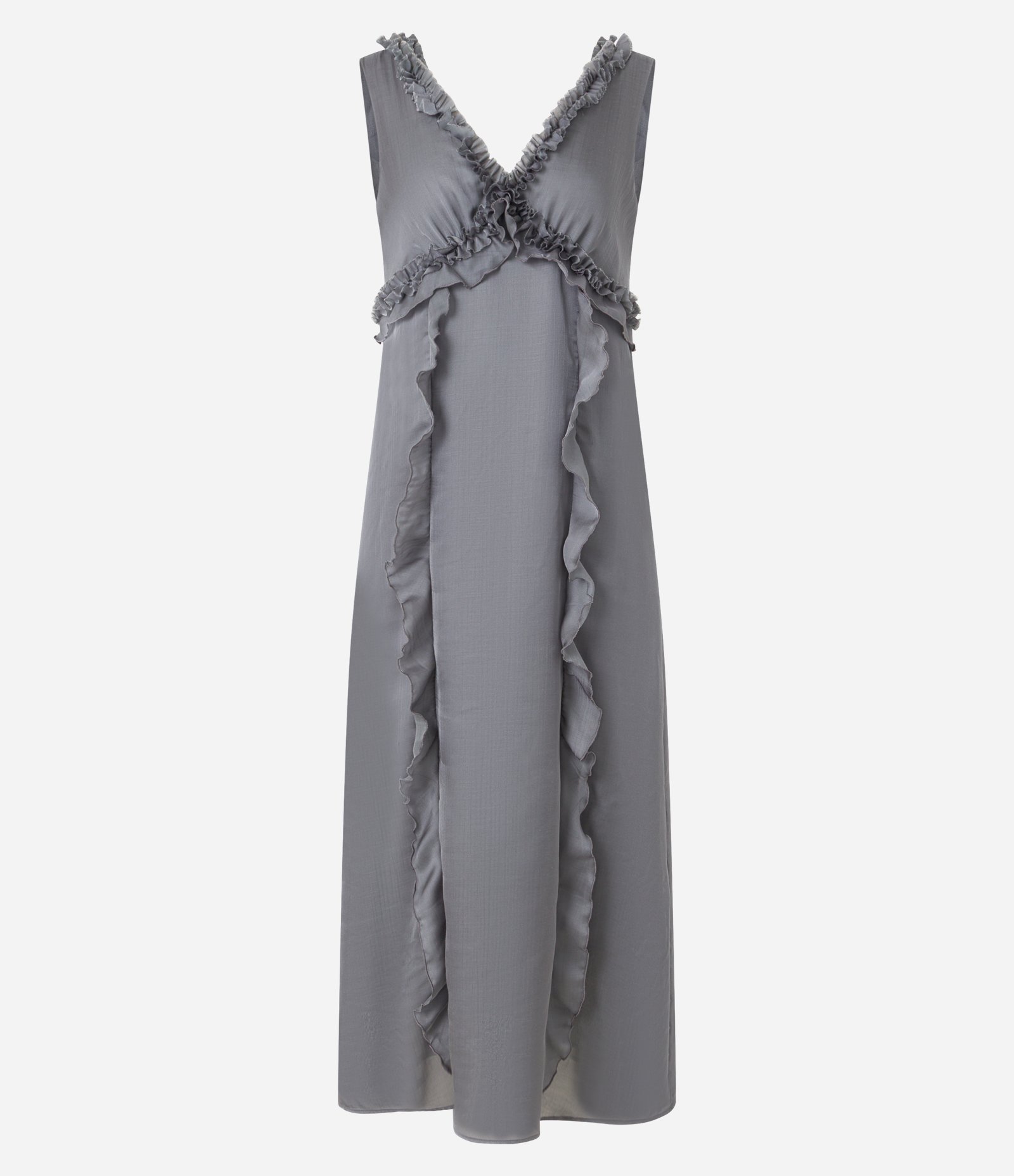 Vestido Reto Midi em Crepe com Babados no Busto Cinza 4