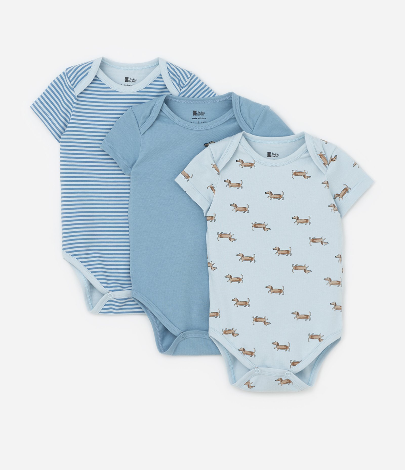 Kit 03 Bodies Cachorro Salsicha - Tam 0 a 18 Meses Azul 1