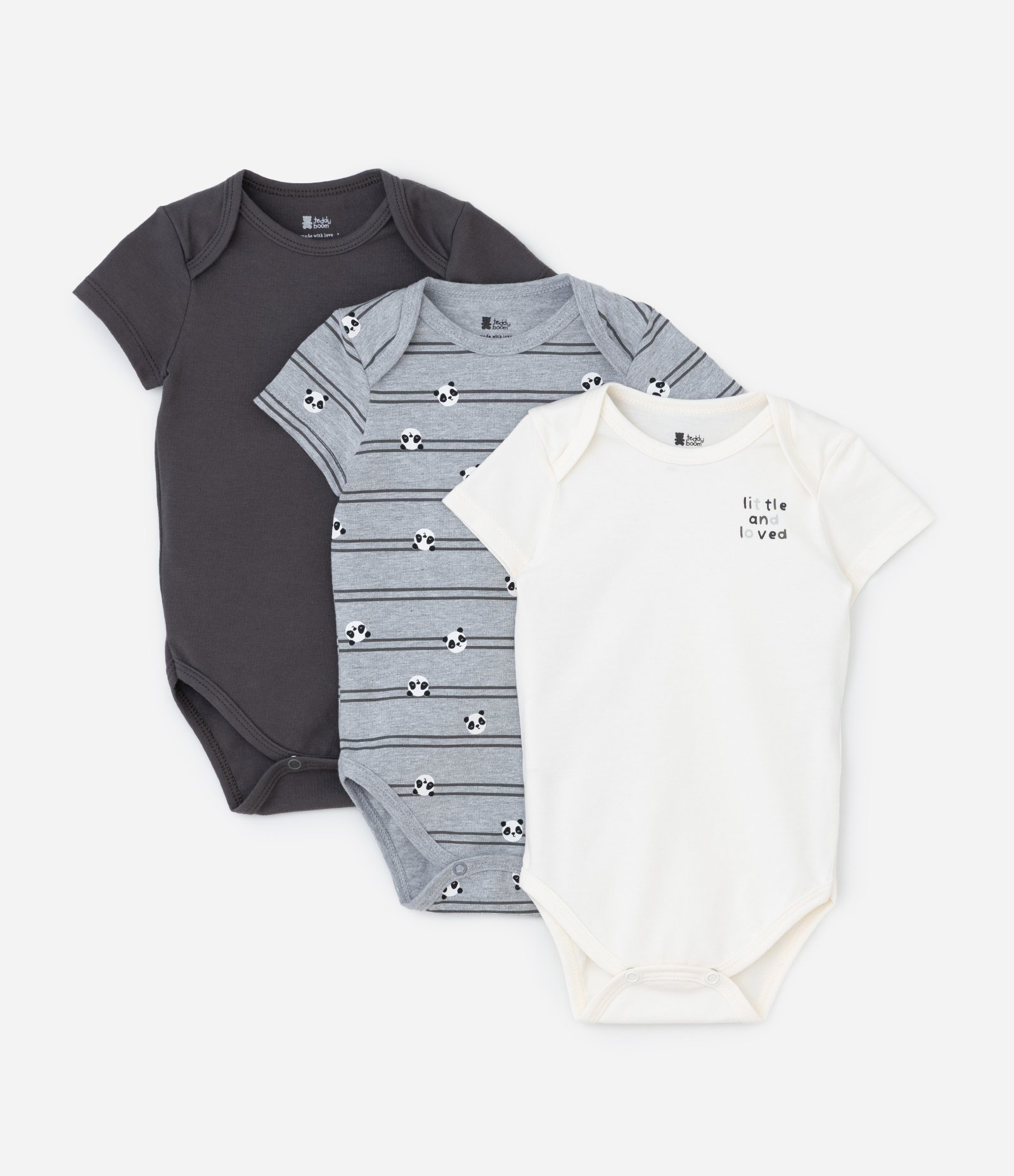 Kit 03 Bodies Infantis com Estampa de Panda - Tam 0 a 18 meses Branco/Cinza/Chumbo 1