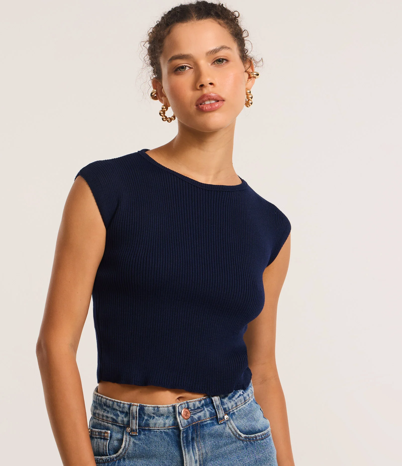 Blusa Curta em Tricô com Ombro Caído Azul 1