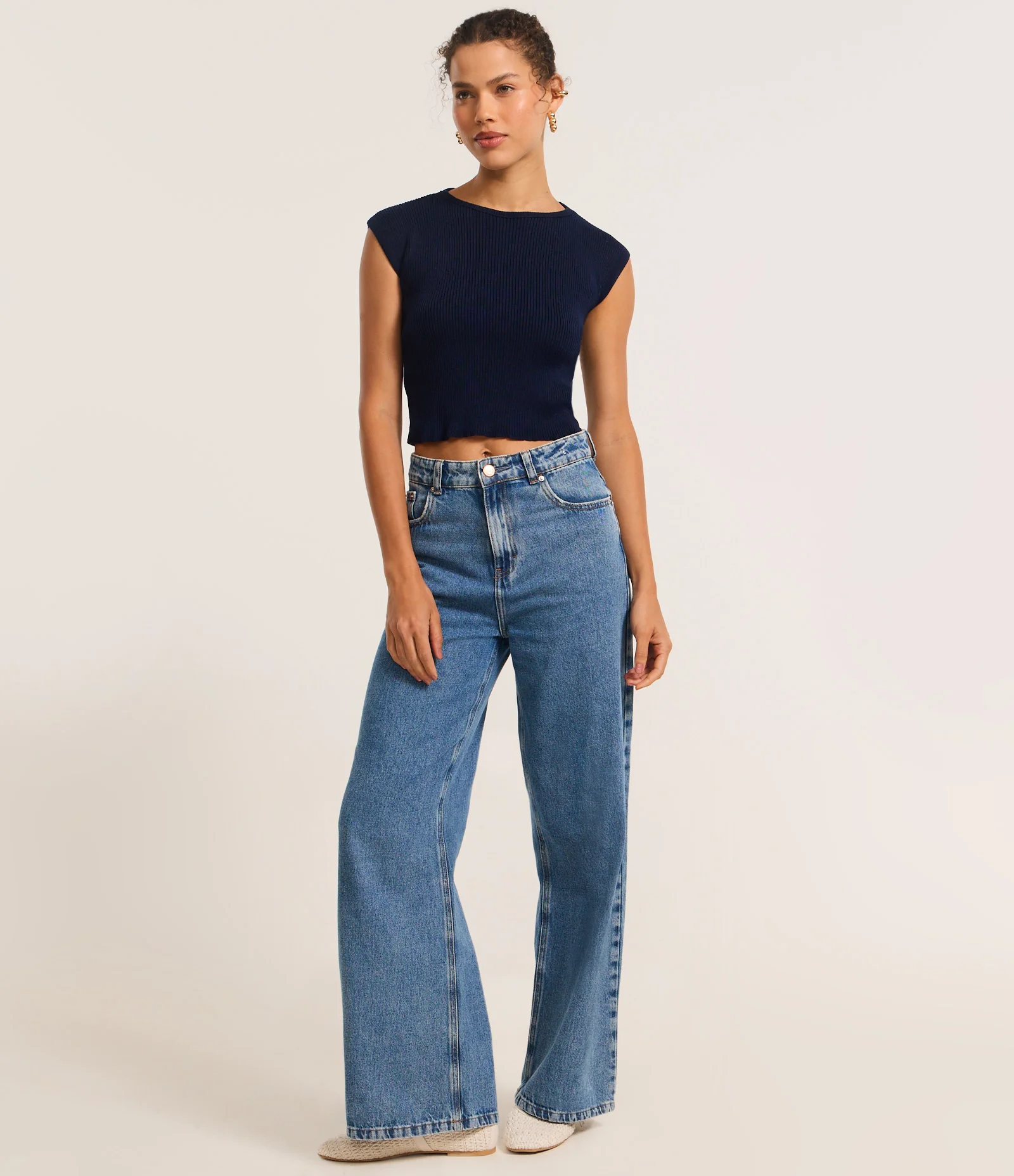 Blusa Curta em Tricô com Ombro Caído Azul 2