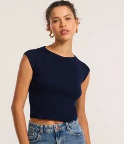 Blusa Curta em Tricô com Ombro Caído