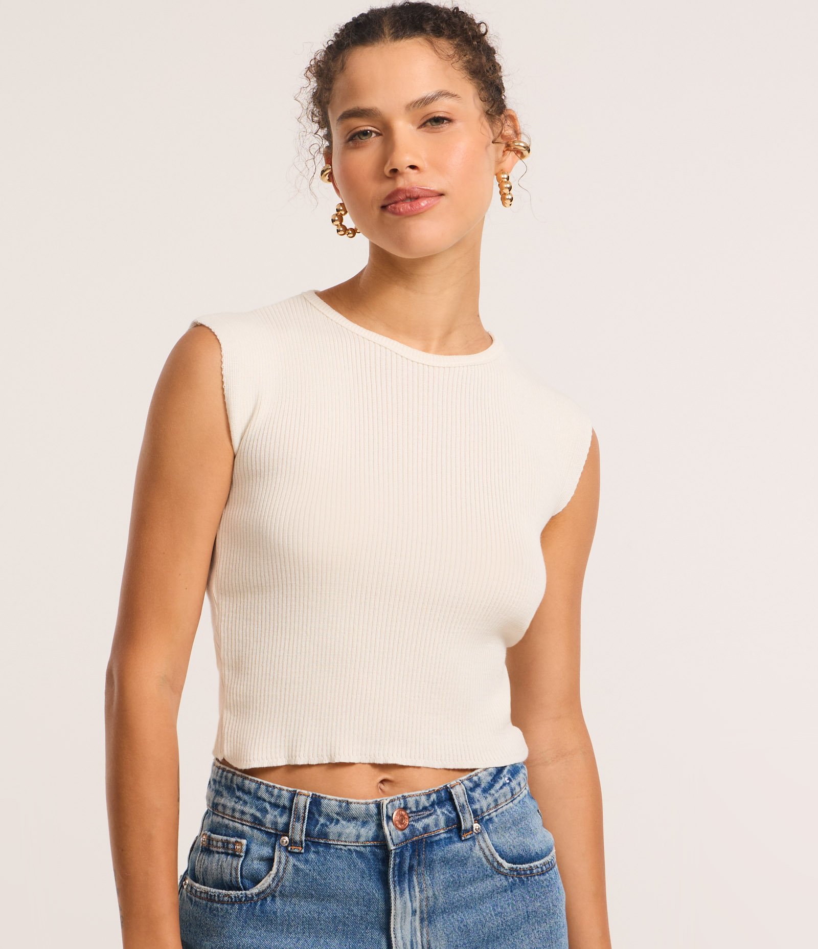 Blusa Curta em Tricô com Ombro Caído Branco 1