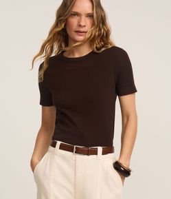 Blusa Básica Ajustada em Ribana com Gola Redonda