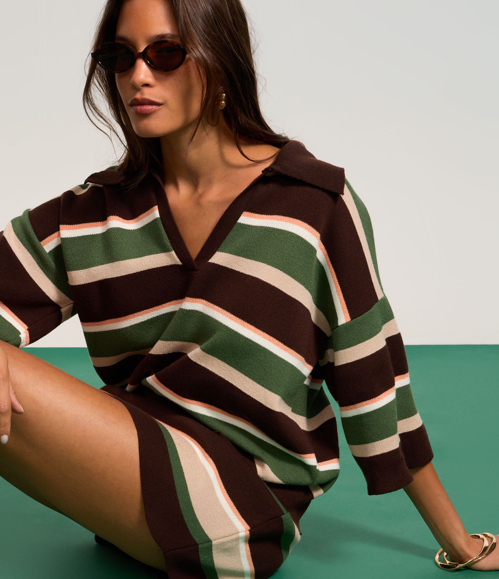 Blusa em Tricô com Gola Polo e Listras Variadas Verde/Marrom/Off/Rosa 5