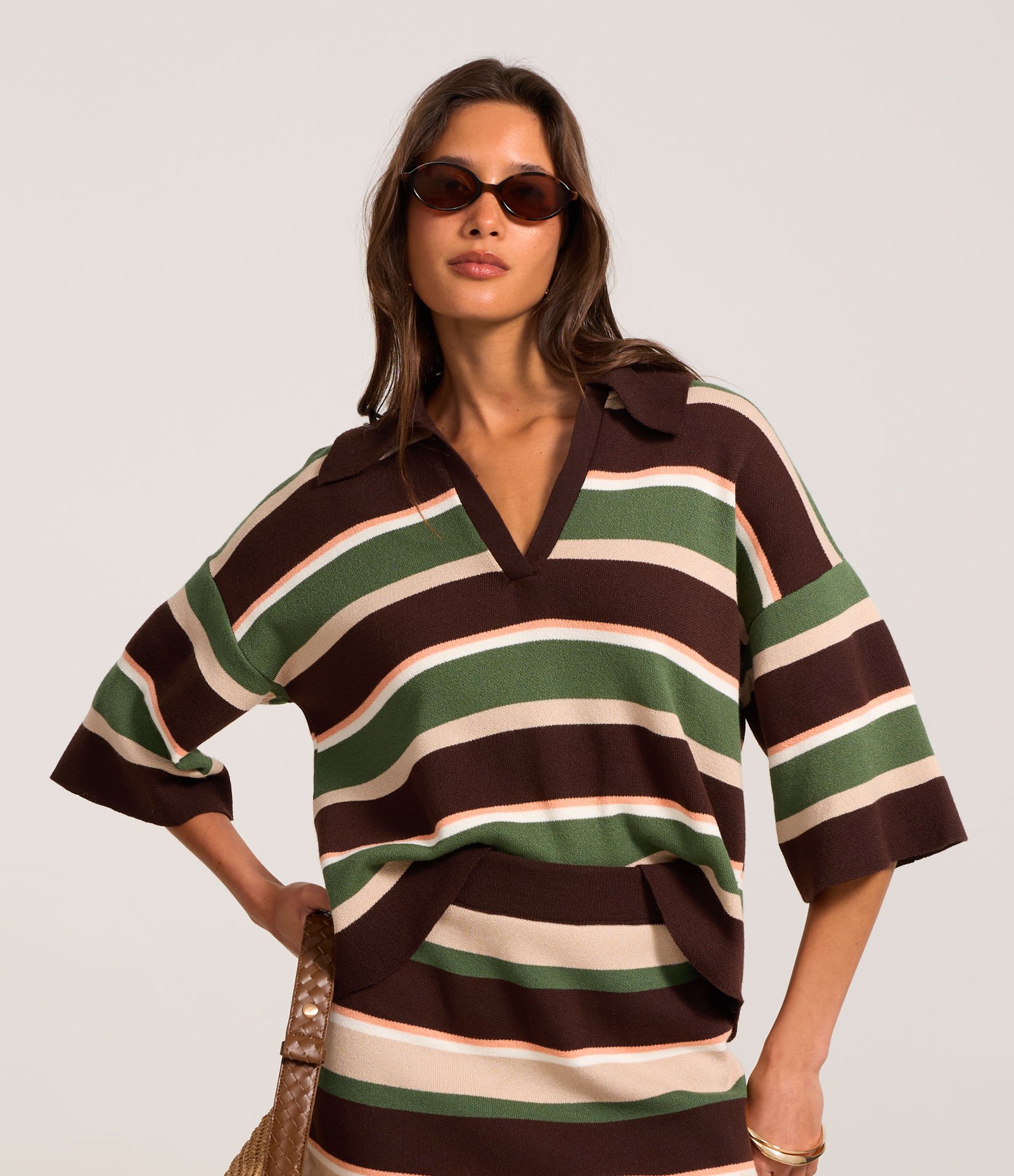 Blusa em Tricô com Gola Polo e Listras Variadas Verde/Marrom/Off/Rosa 1