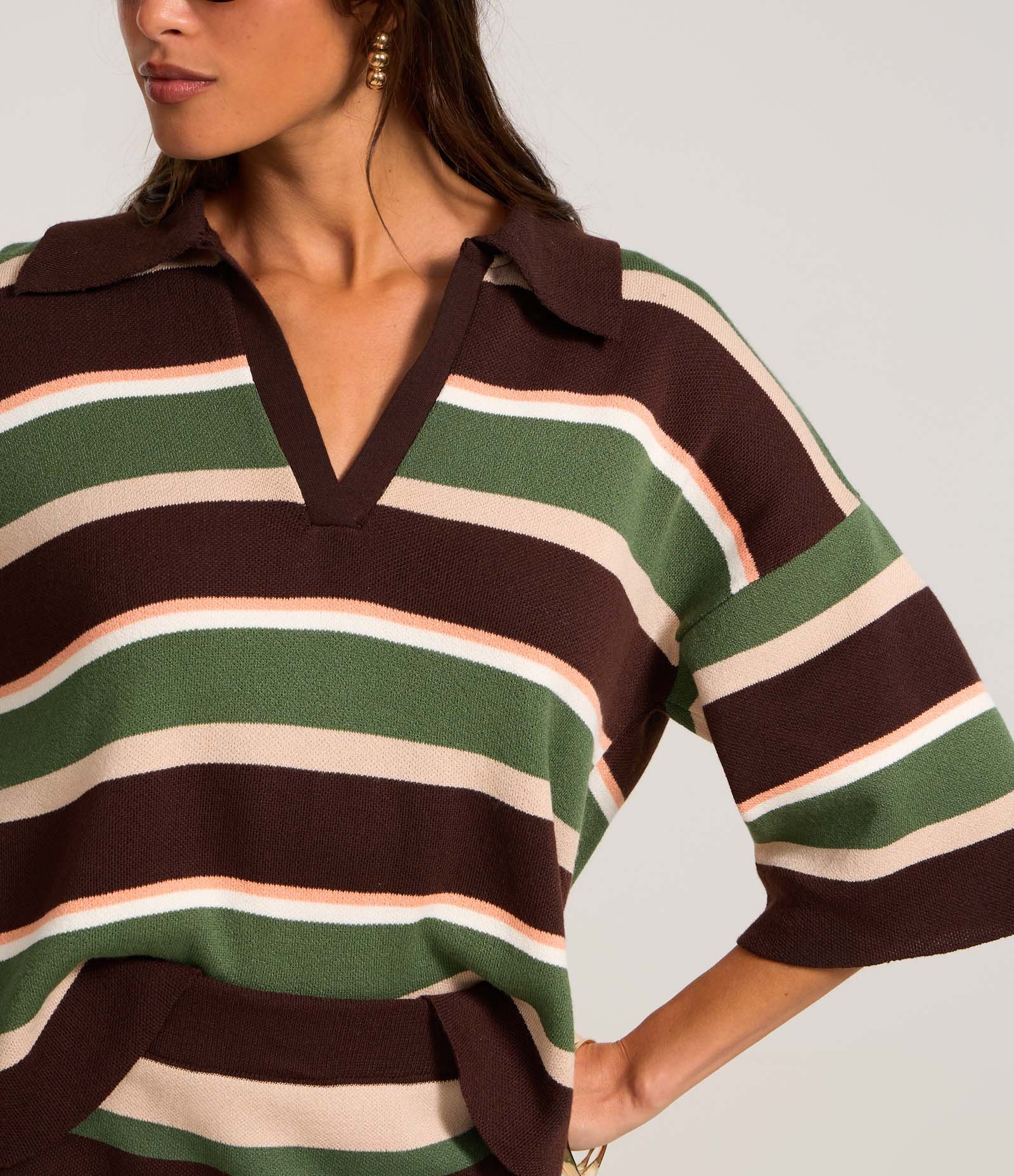 Blusa em Tricô com Gola Polo e Listras Variadas Verde/Marrom/Off/Rosa 3