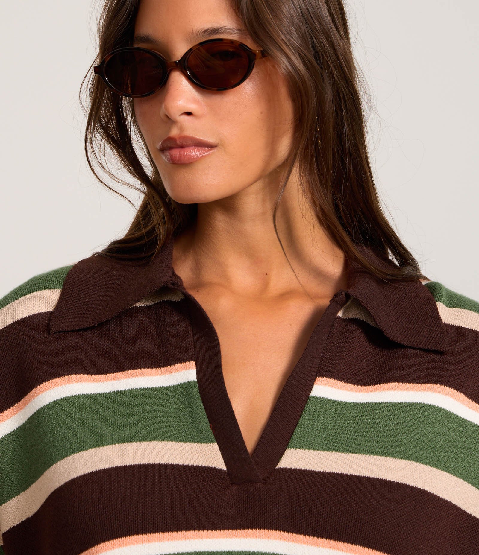 Blusa em Tricô com Gola Polo e Listras Variadas Verde/Marrom/Off/Rosa 4
