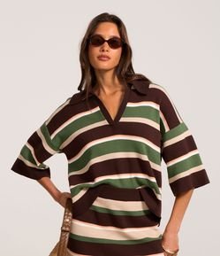 Blusa em Tricô com Gola Polo e Listras Variadas