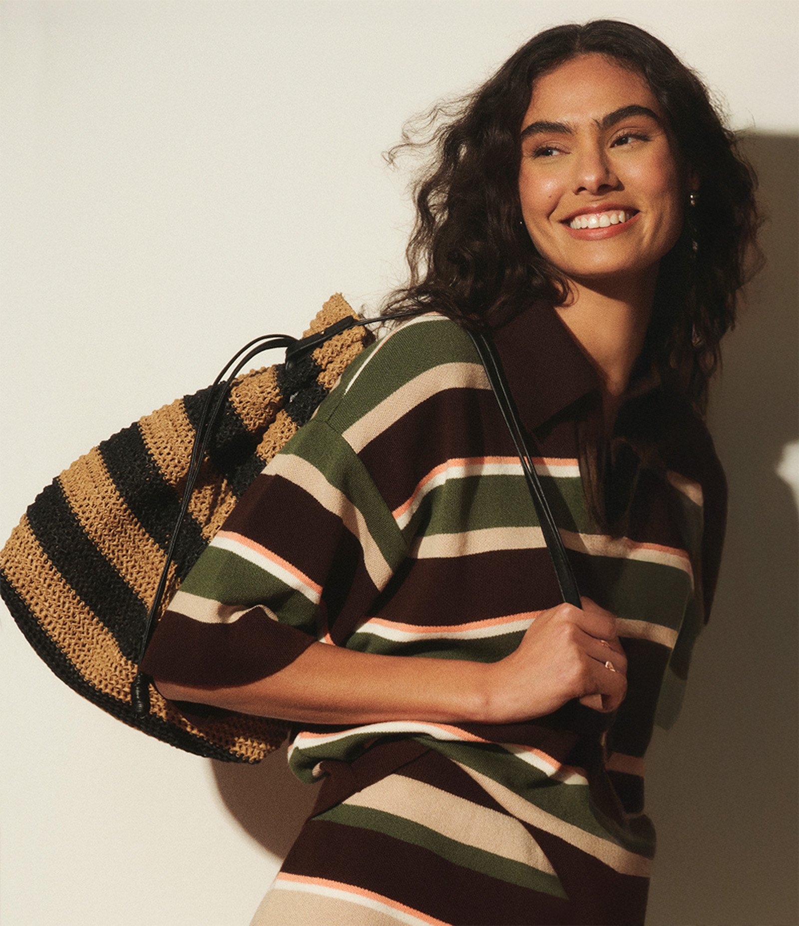 Blusa em Tricô com Gola Polo e Listras Variadas Verde/Marrom/Off/Rosa 6