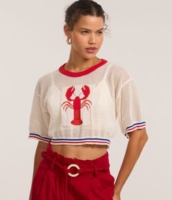 Blusa Cropped em Tricô com Jacquard de Lagosta