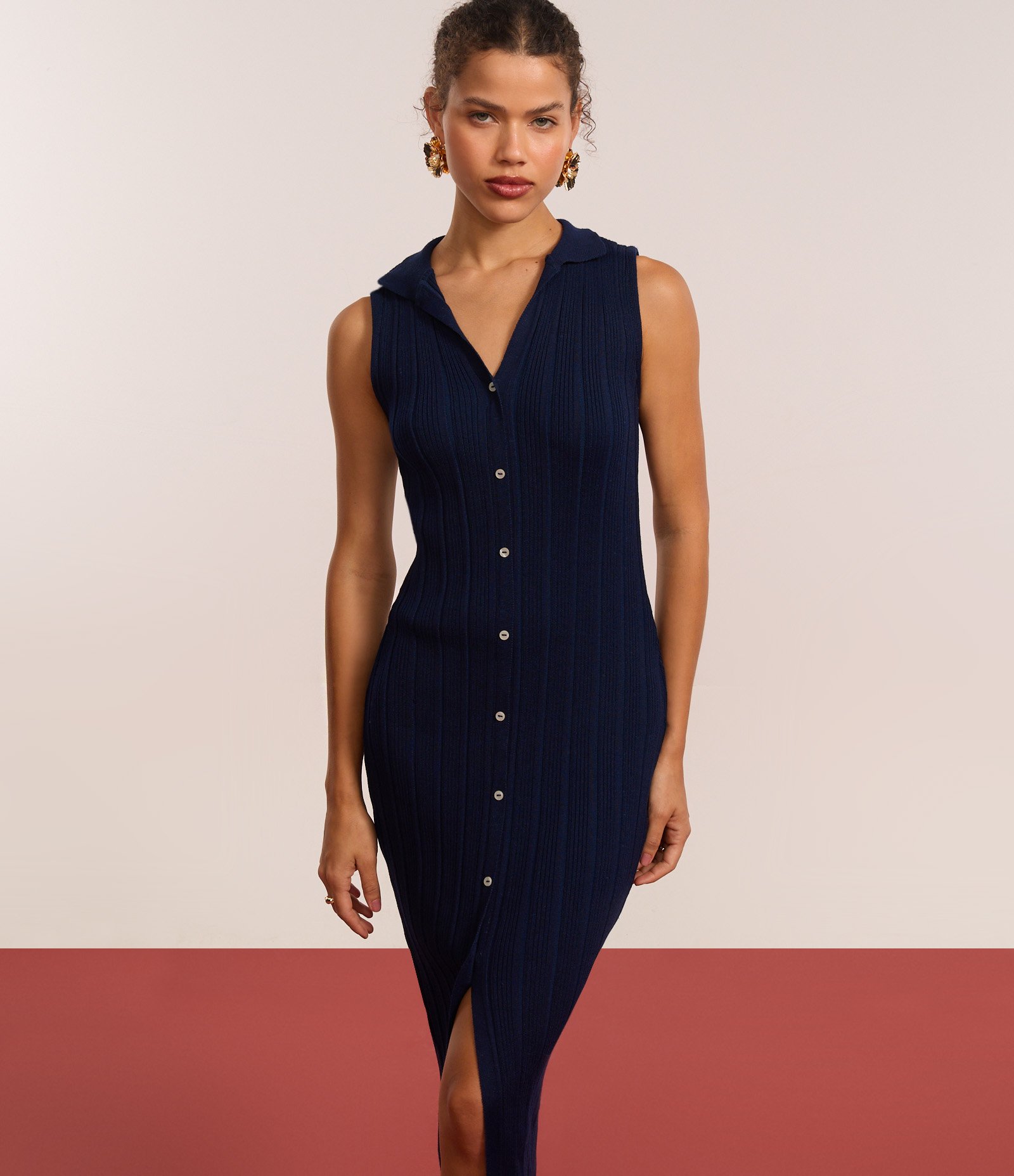 Vestido Long Midi em Tricô com Gola Polo Azul 3