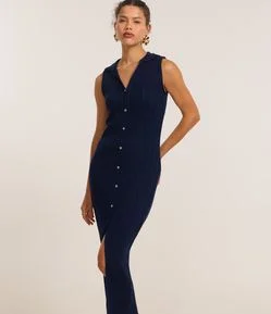 Vestido Long Midi em Tricô com Gola Polo