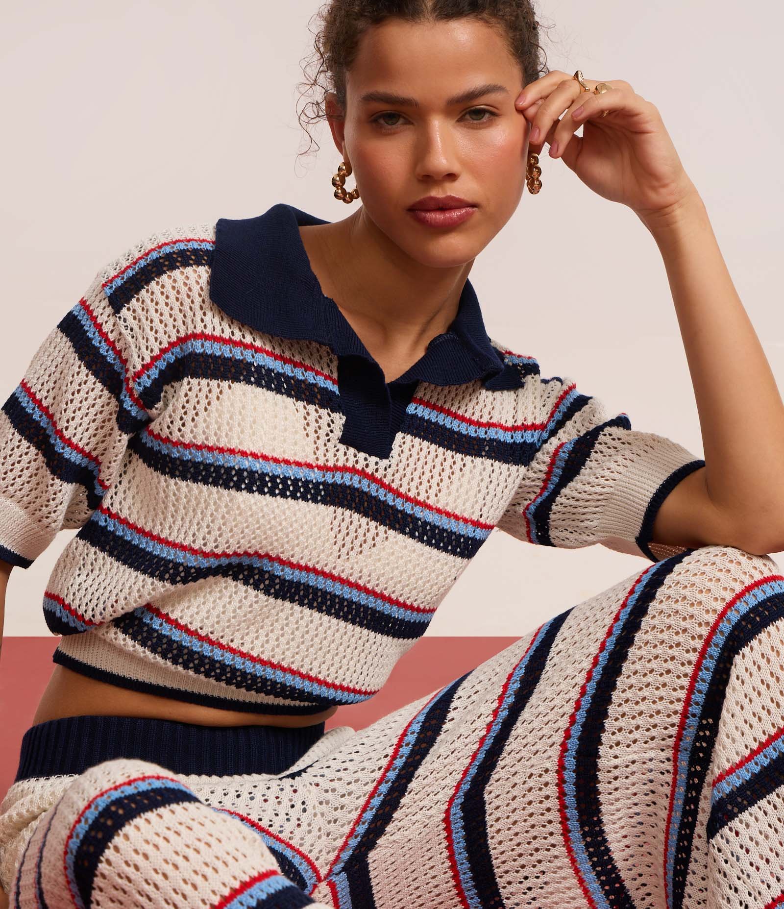 Blusa em Tricô com Gola Polo e Listras Variadas Off White/Azul/Vermelho 4