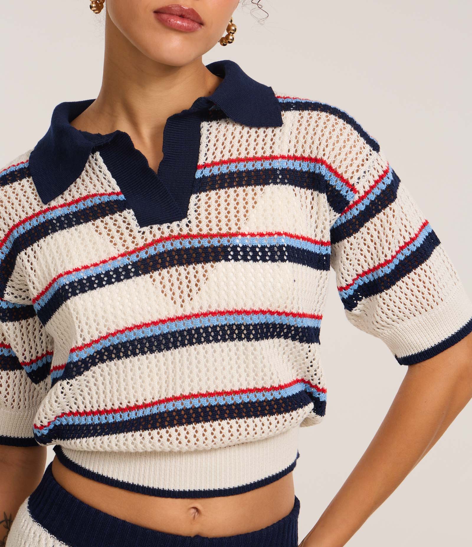 Blusa em Tricô com Gola Polo e Listras Variadas Off White/Azul/Vermelho 3