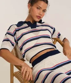 Blusa em Tricô com Gola Polo e Listras Variadas