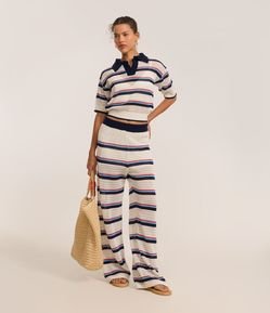 Calça Pantalona Cintura Alta em Tricô com Listras Variadas