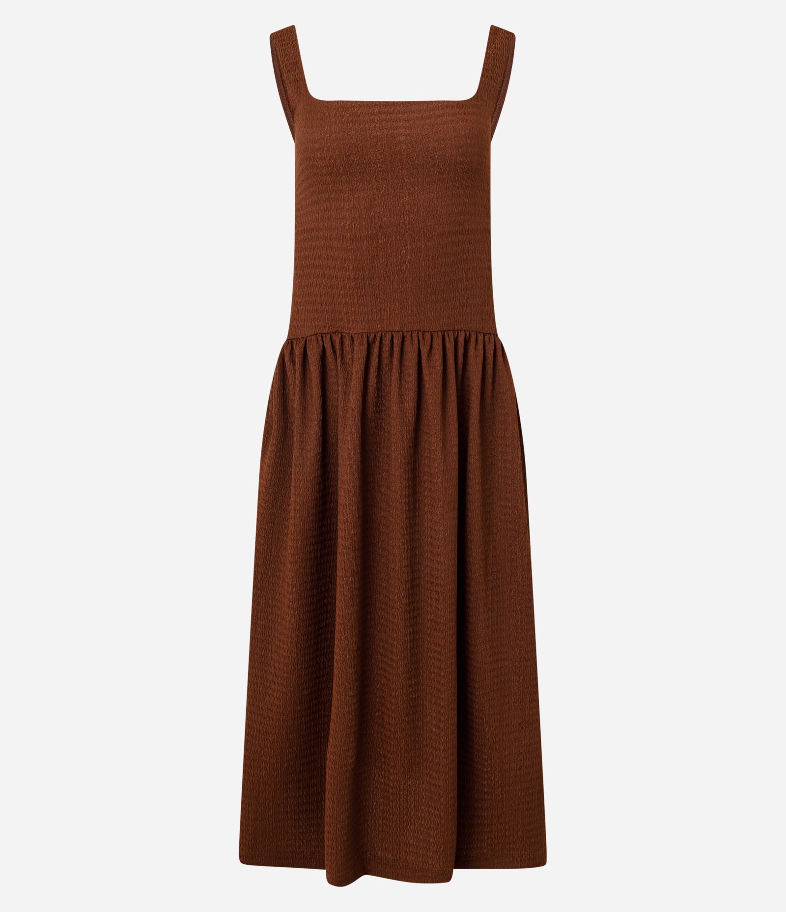 Vestido Reto Midi Texturizado com Decote Quadrado Marrom 5