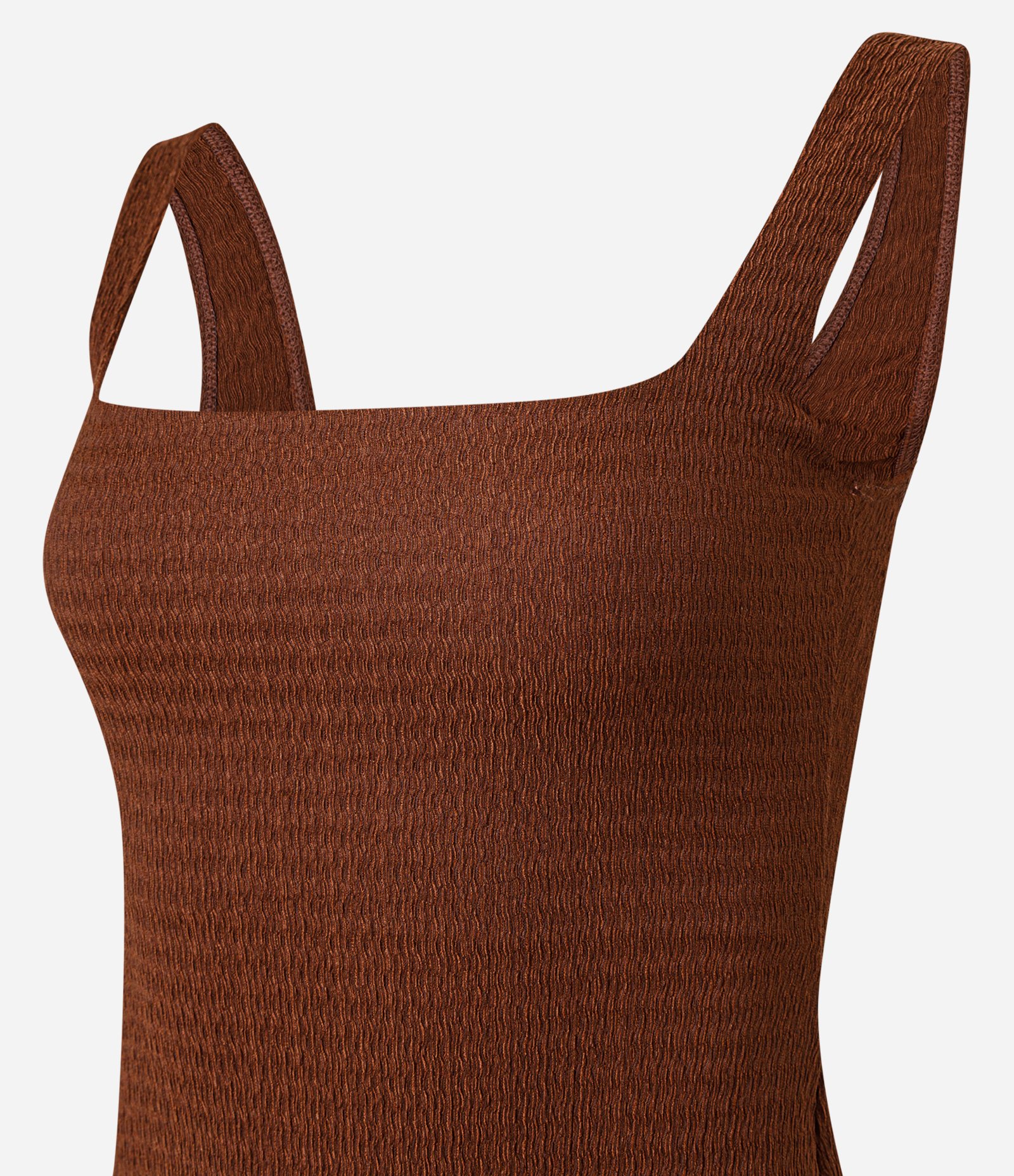 Vestido Reto Midi Texturizado com Decote Quadrado Marrom 6