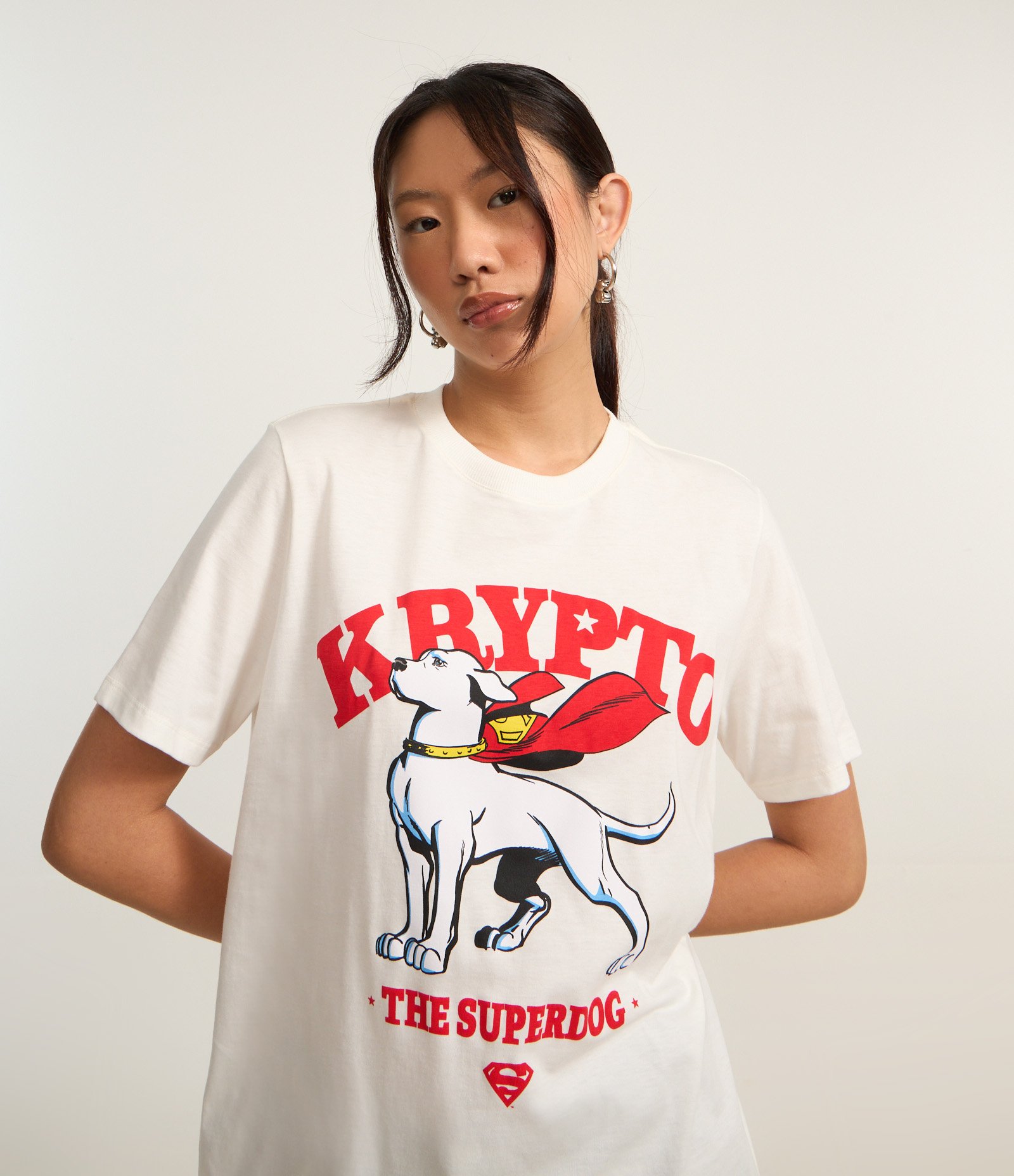 Camiseta Alongada em Algodão com Estampa Krypto Branco 1