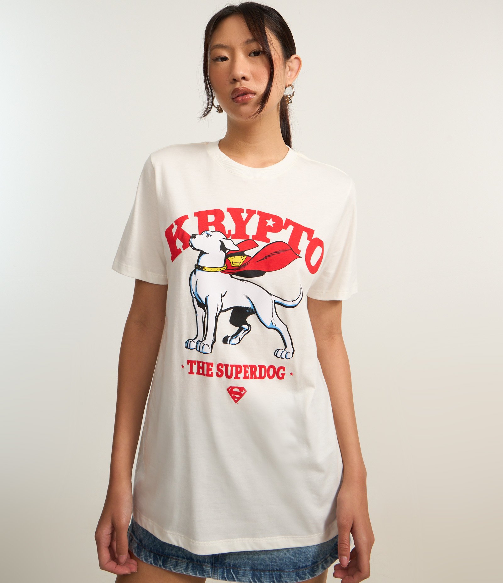 Camiseta Alongada em Algodão com Estampa Krypto Branco 3