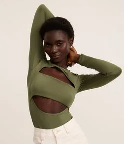 Body em Helanca com Cut Out e Manga Longa