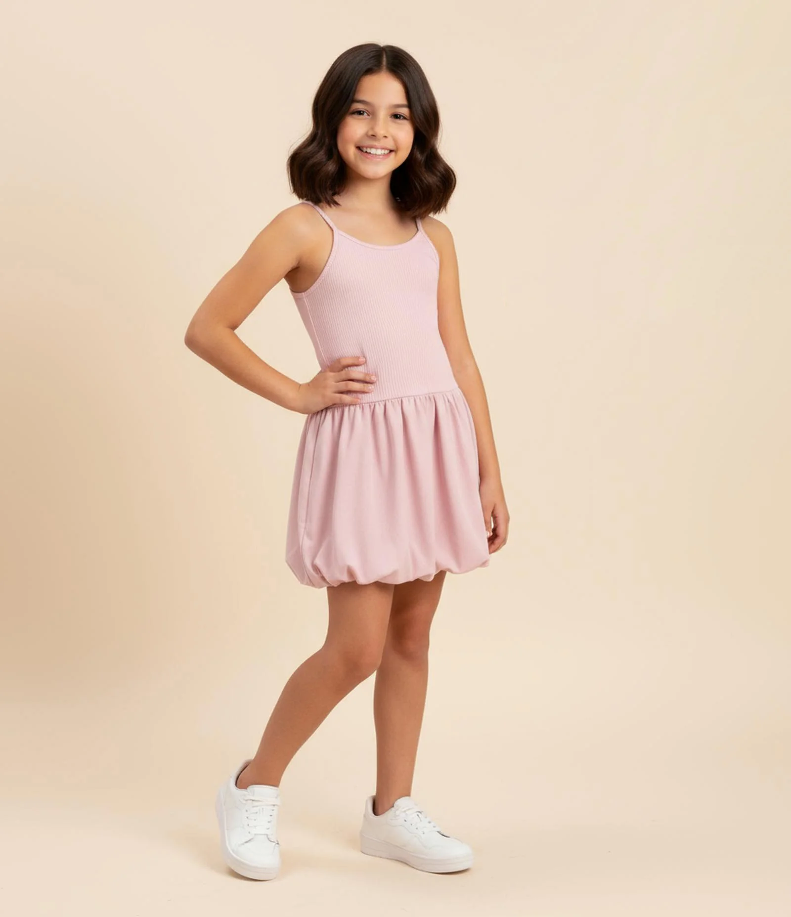 Vestido Balonê Curto com Textura Canelada - Tam 7 a 14 Anos Rosa 1