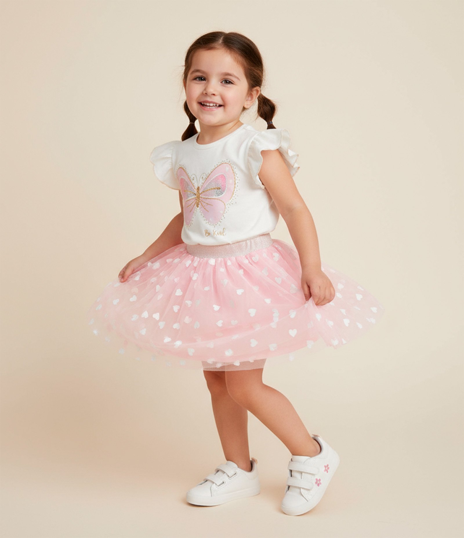 Saia Infantil em Tule com Estampa Corações - Tam 1 a 6 Anos Rosa 1