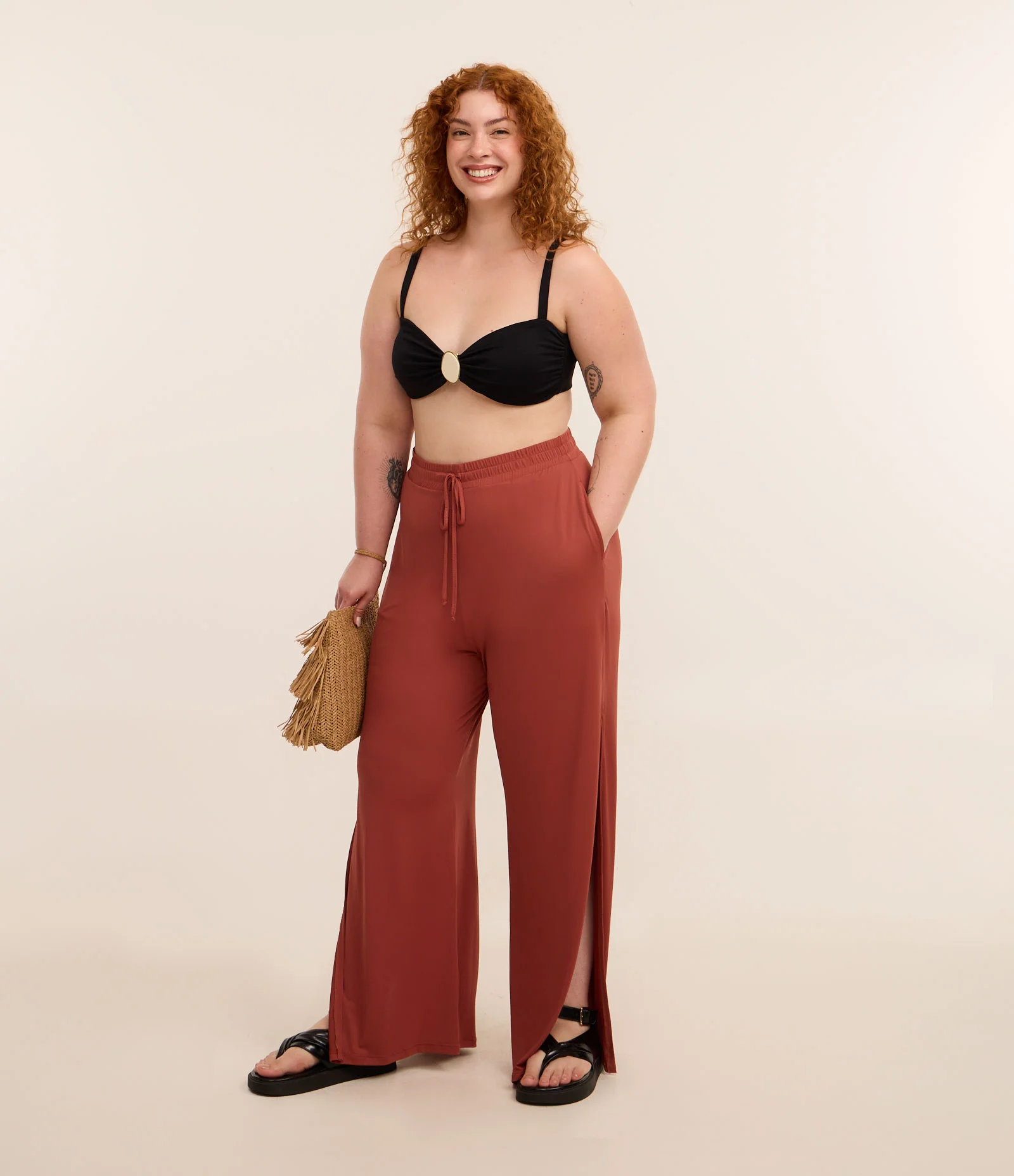 Calça Pantalona Esportiva em Microfibra com Bermuda Ciclista Interna Curve & Plus Size Terracota 1