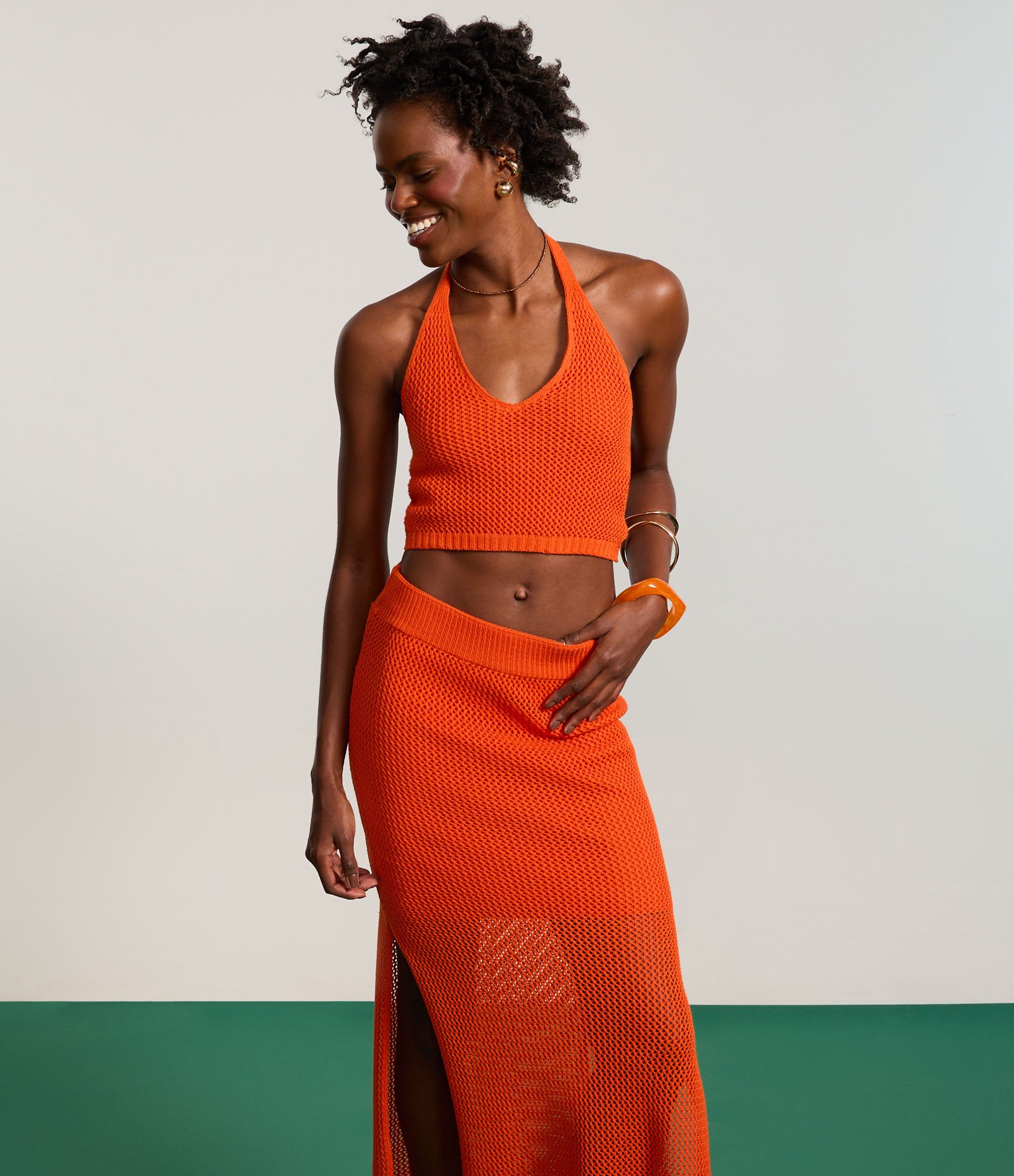 Blusa Frente Única em Tricô com Textura de Ponto Aberto Laranja 6