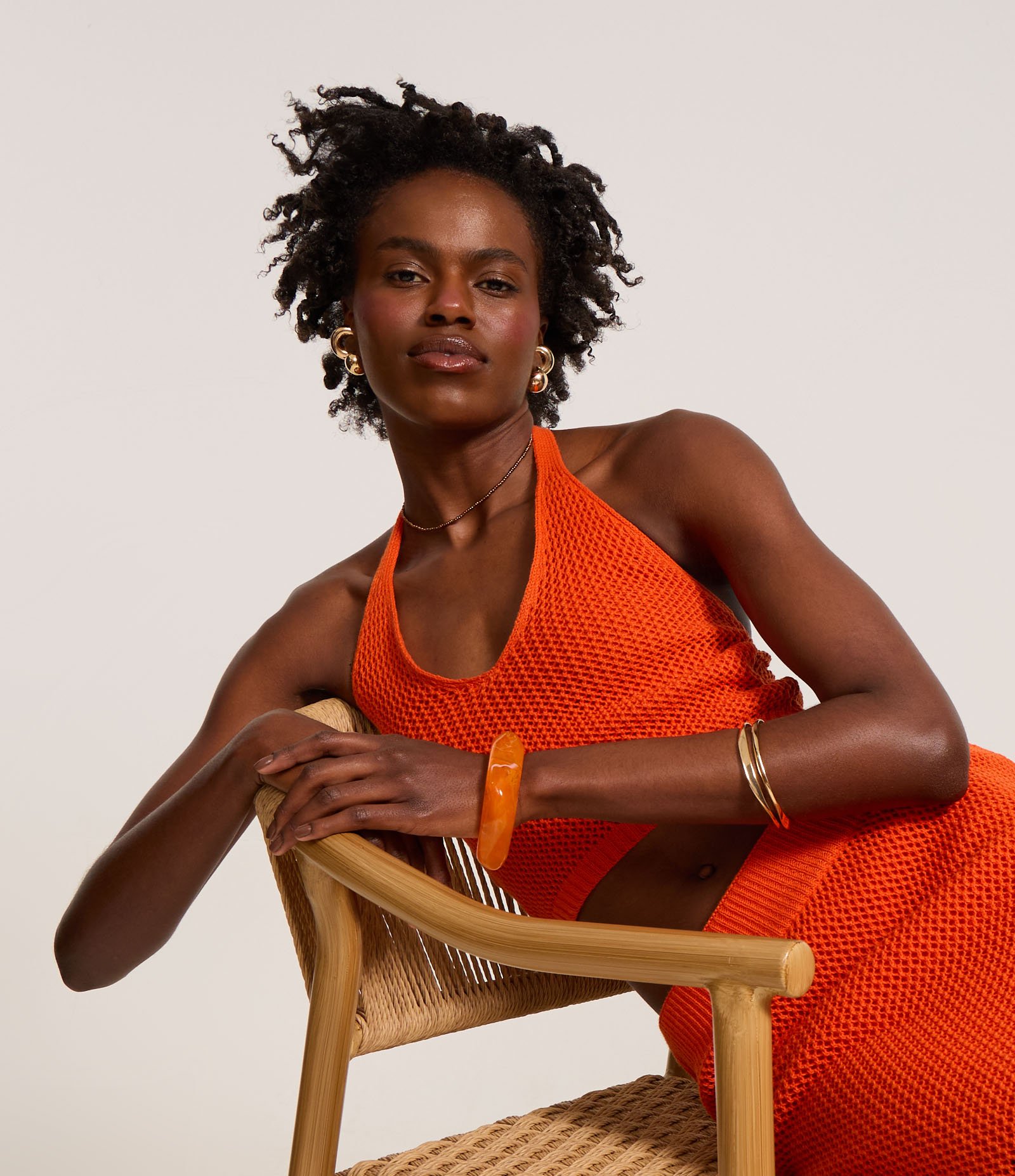 Blusa Frente Única em Tricô com Textura de Ponto Aberto Laranja 1