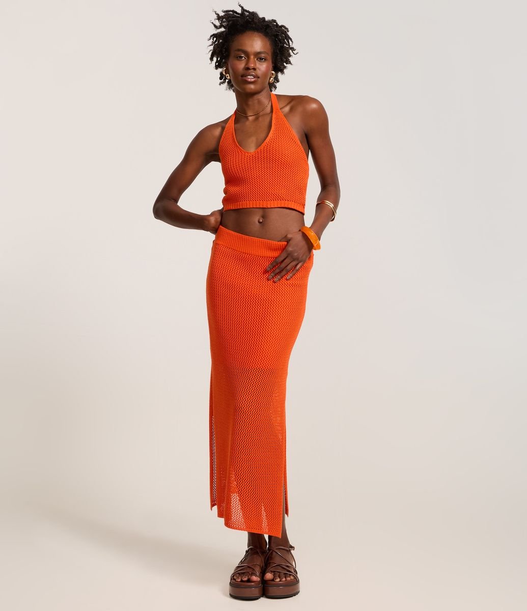 Blusa Frente Única em Tricô com Textura de Ponto Aberto Laranja