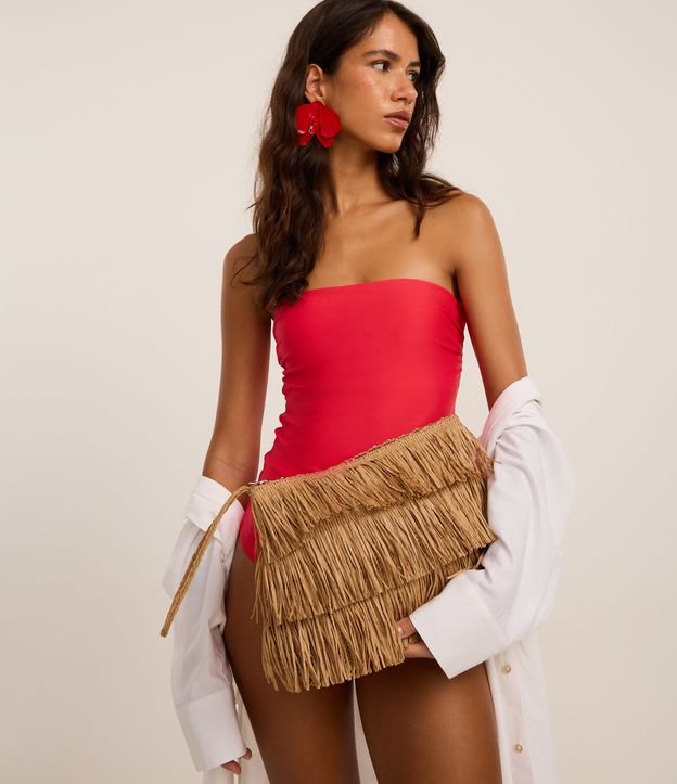 Bolsa de Praia Clutch em Palha com Franjas
