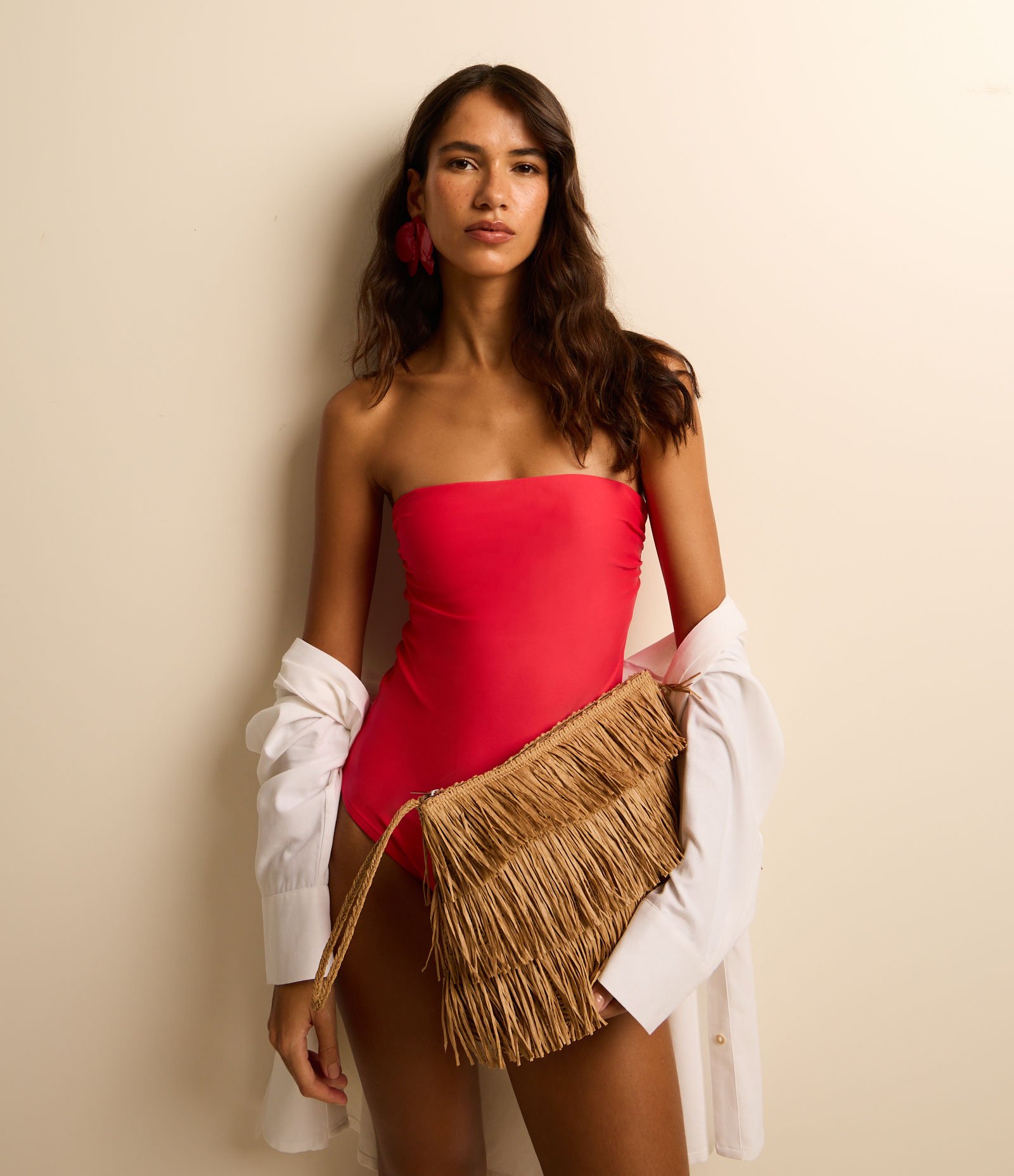 Bolsa de Praia Clutch em Palha com Franjas Bege 6