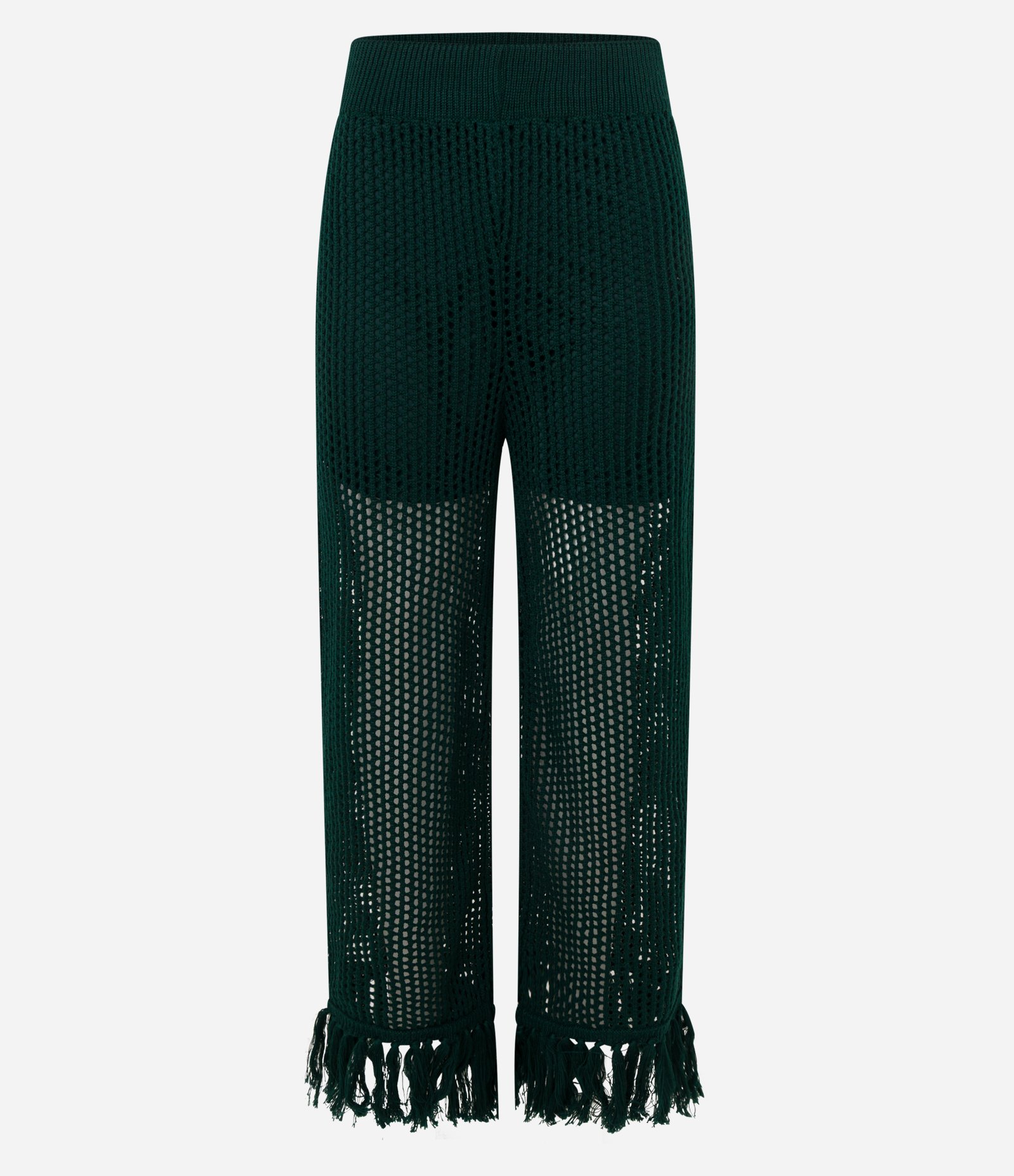 Calça Reta em Tricô com Cintura Alta e Franja na Barra Verde 7