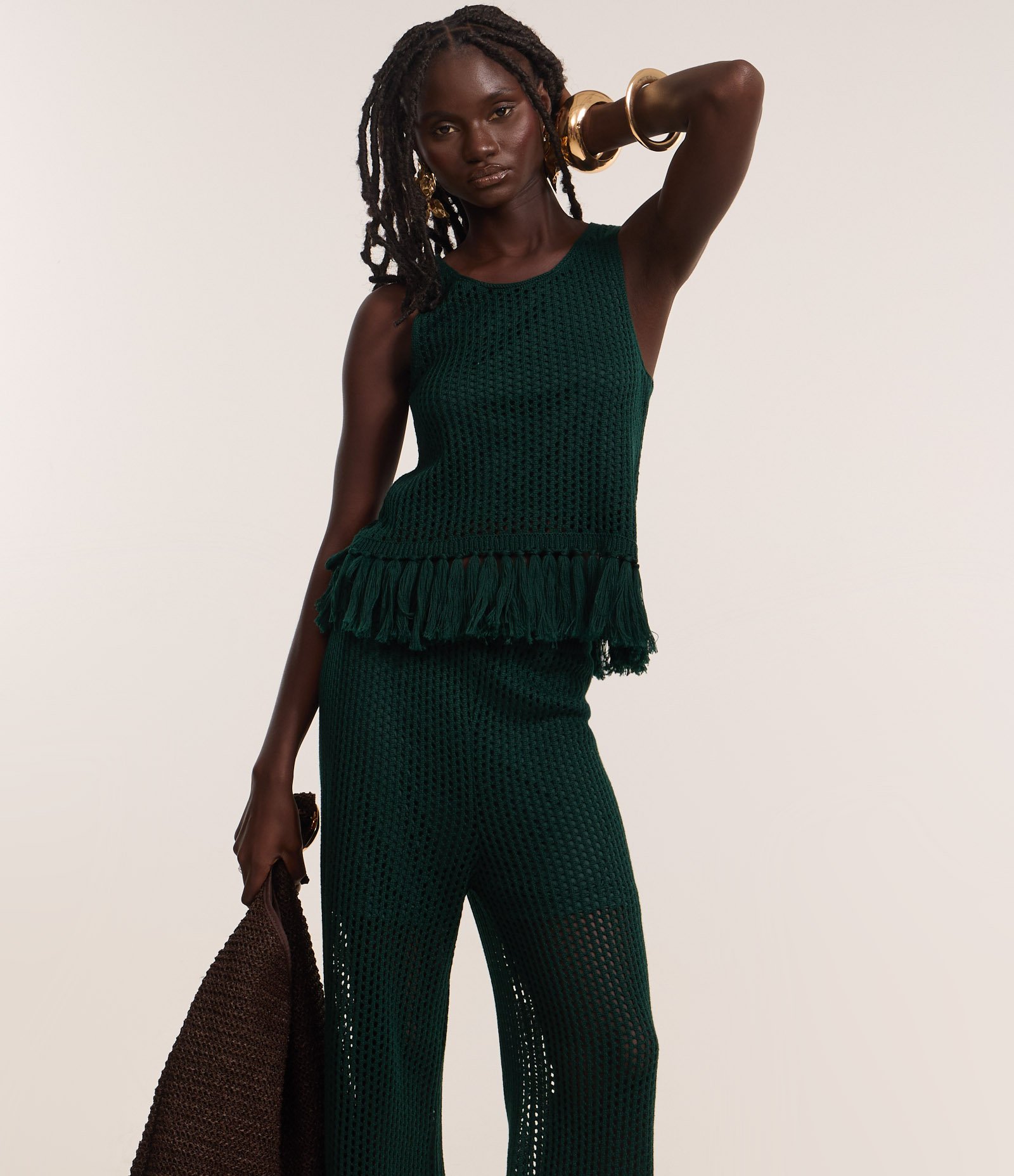 Calça Reta em Tricô com Cintura Alta e Franja na Barra Verde 2