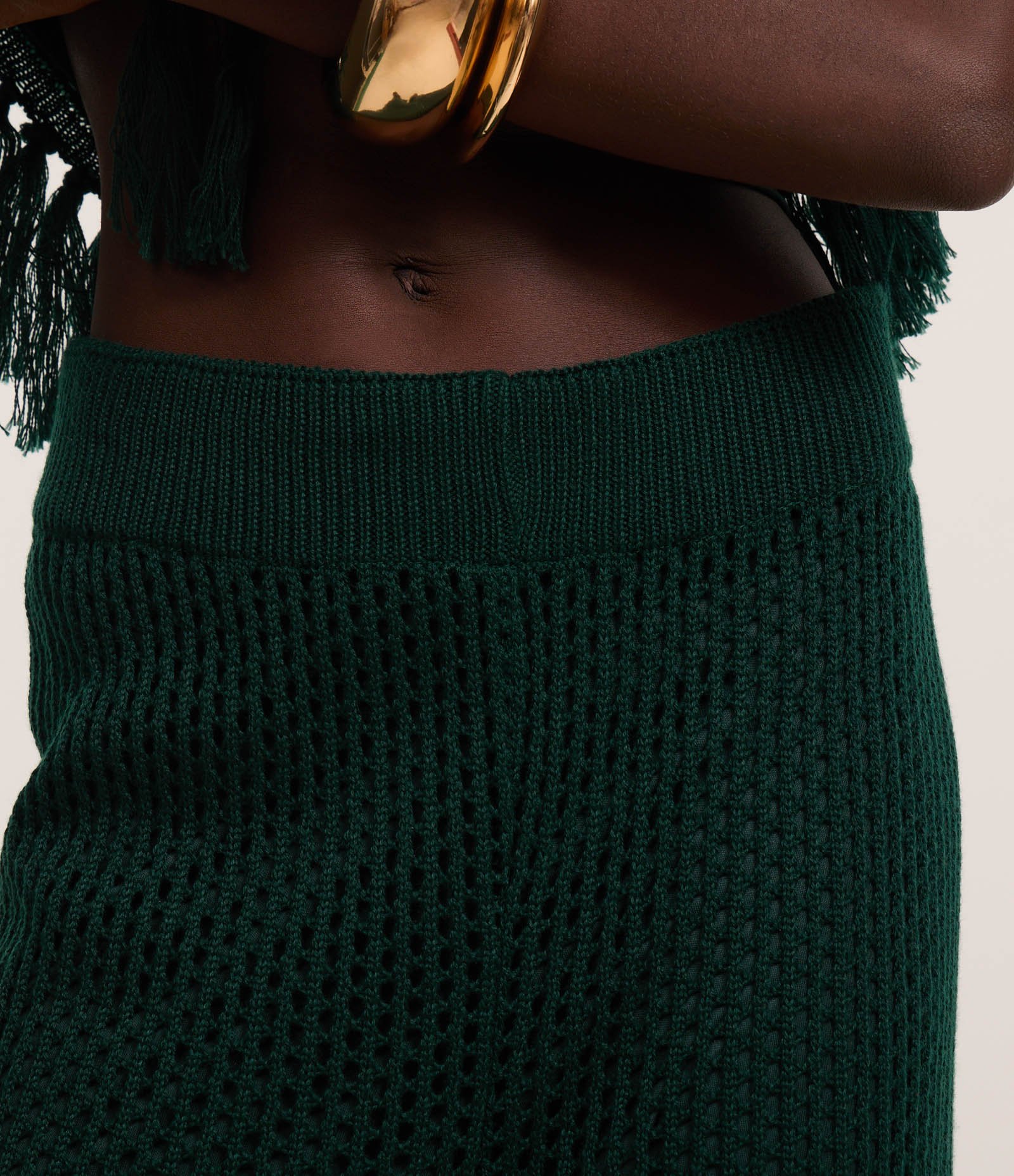 Calça Reta em Tricô com Cintura Alta e Franja na Barra Verde 4