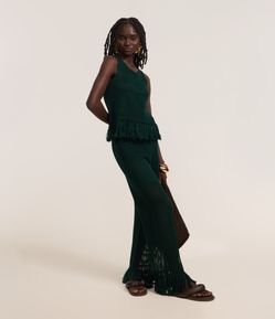 Calça Reta em Tricô com Cintura Alta e Franja na Barra