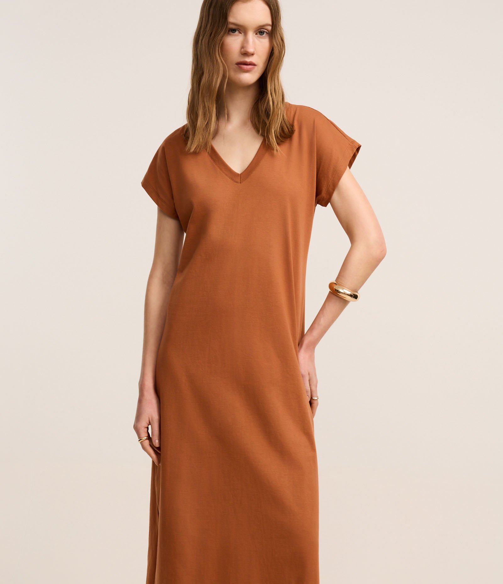 Vestido Reto Long Midi com Decote em v Laranja 2