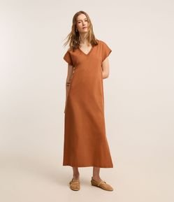 Vestido Reto Long Midi com Decote em v