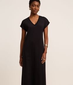 Vestido Reto Long Midi com Decote em v
