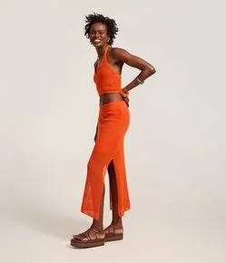 Saia Long Midi em Tricô com Textura de Ponto Aberto
