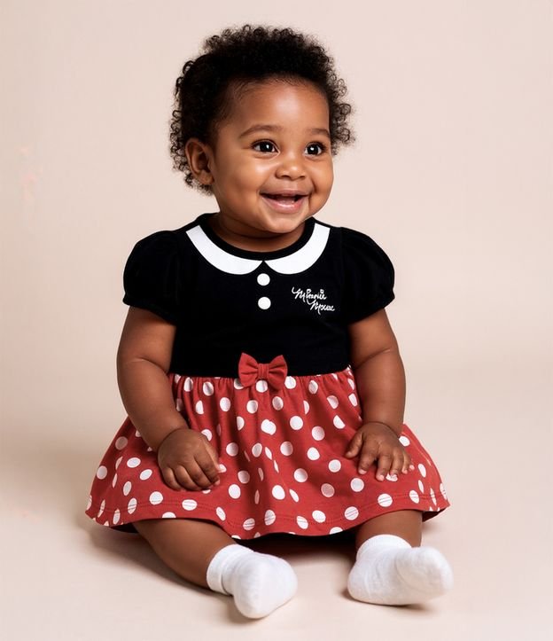 Vestido Body Infantil com Estampa Minnie Mouse - Tam 0 a 18 meses
