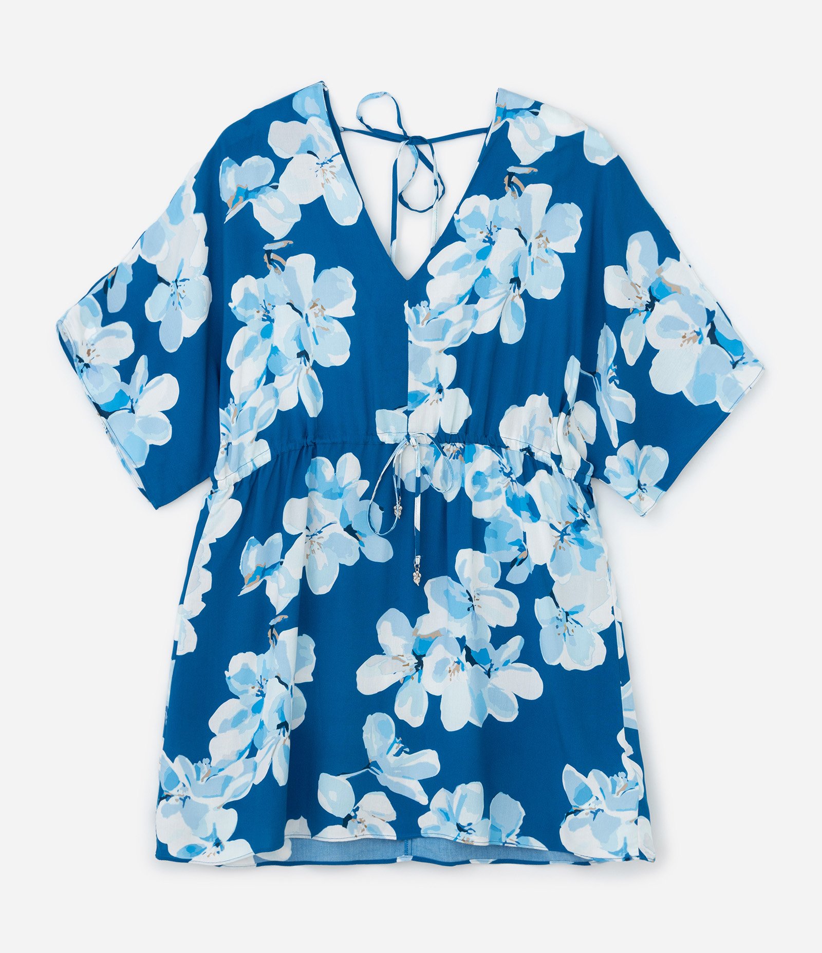 Vestido Curto em Viscose Floral com Manga Morcego e Amarração na Cintura Curve & Plus Size Azul 5