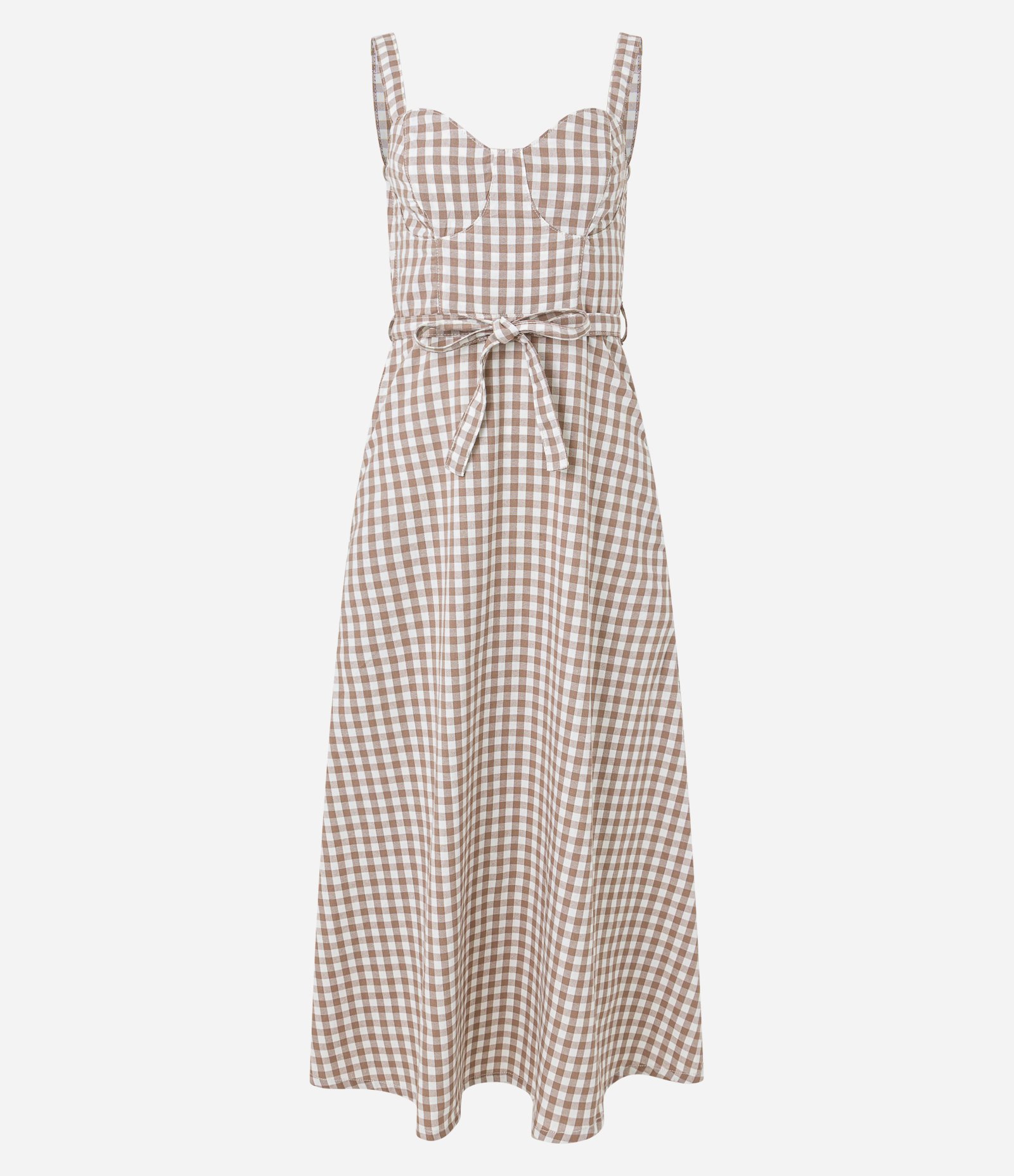 Vestido Reto Longo em Sarja Xadrez Vichy com Amarração Marrom/Branco 6