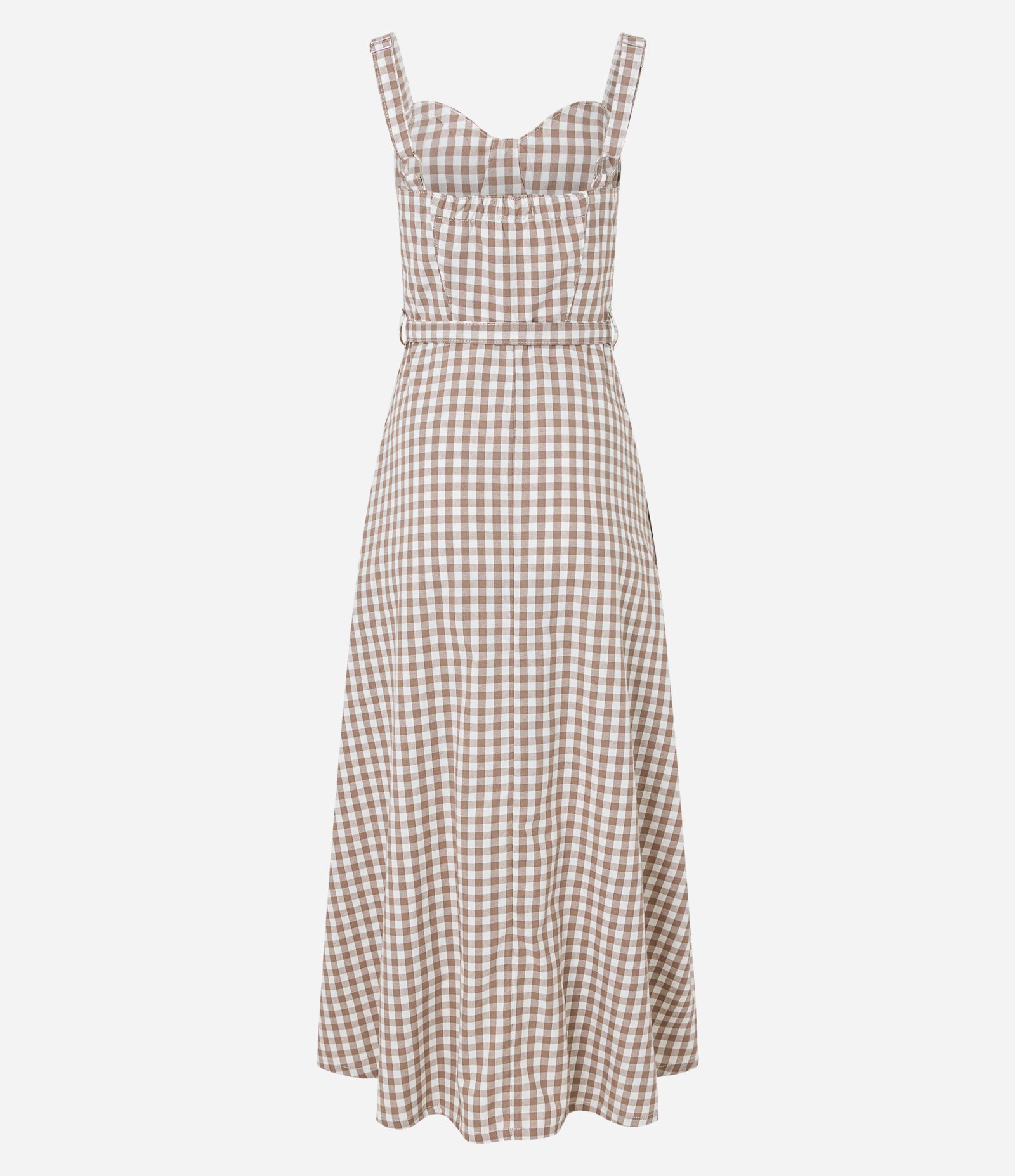Vestido Reto Longo em Sarja Xadrez Vichy com Amarração Marrom/Branco 7
